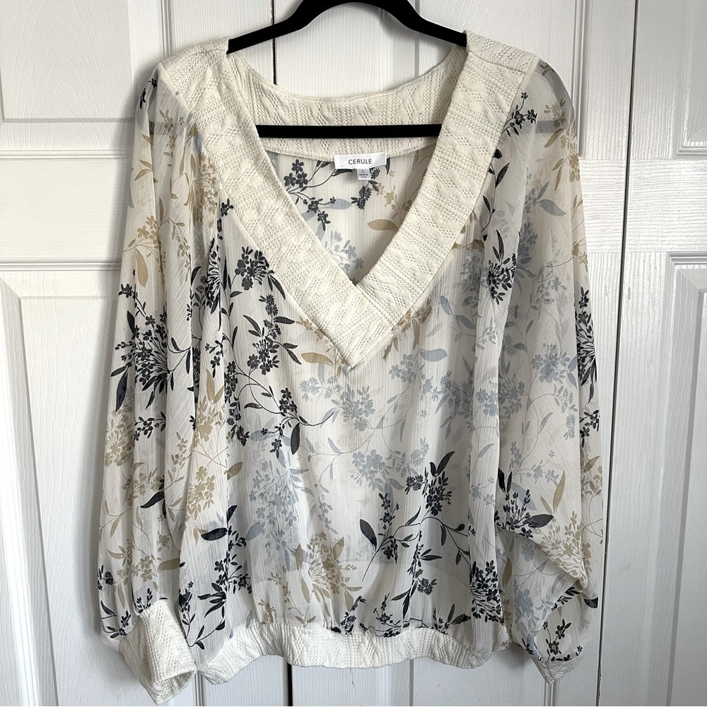 Cerule Womens Large V Neck Top Floral Crochet Boho Cottagecore Semi Sheer